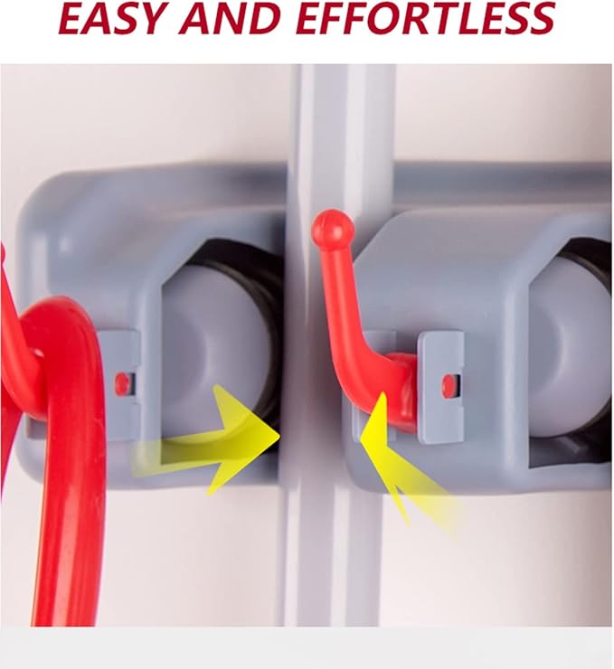 Broom and Mop Holder Wall Mount -Mop and Broom Storage Rack Wall Mounted Utility Rack (3 Slots 4 Hooks-Grey+Red)