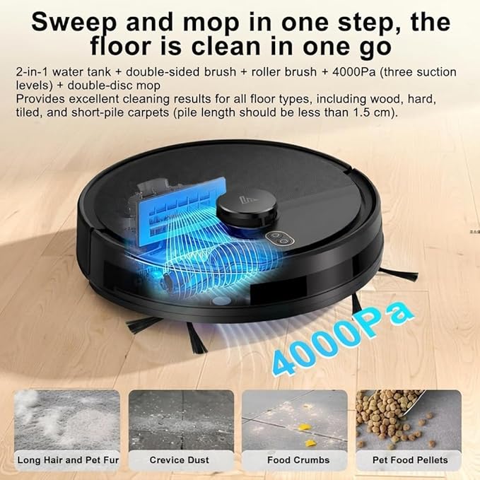 Robot Vacuum and Mop Combo, Robotic Vacuums with LiDAR Navigation, Smart Mapping, Strong Suction, with WiFi/App/Alexa/Voice Control, Obstacle Avoidance, for Home, Wood/Hard Floors, Pet Hair Black