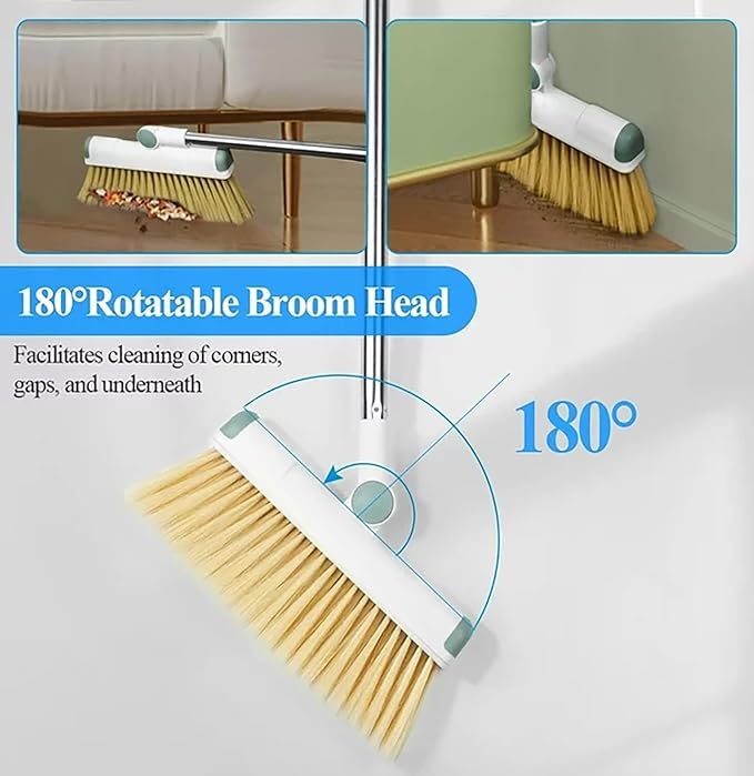Broom and Dustpan Set 50" Long Handle Foldable Stand Up Broom and Dustpan with Comb Teeth for Indoor & Outdoor Sweeping Home Dog Cat Pets (White)