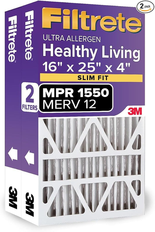 Filtrete 16x25x4(SlimFit), AC Furnace Air Filter, MPR 1550 DP, Healthy Living Ultra Allergen Deep Pleat, 2-Pack, Fits Lennox & Honeywell Devices (exact dimensions 15.5 x 24.5 x 3.75)