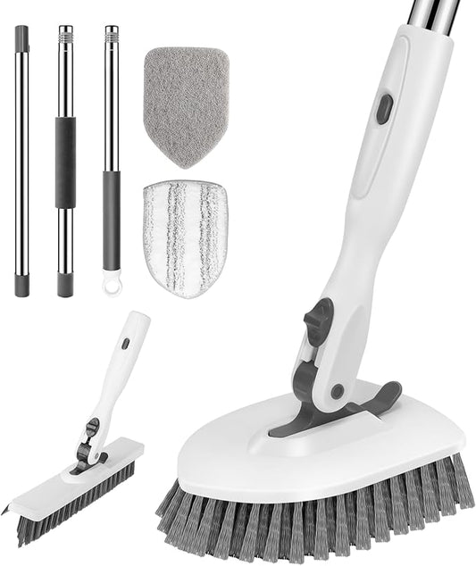 SetSail 4-in-1 Tile Tub Floor Scrubber with 52-inch Long Adjustable Handle Shower Cleaner Brush with V-Shaped Grout Brush and 3 Replacement Brush Heads for Bathroom Kitchen Walls Tub Tile, White Grey