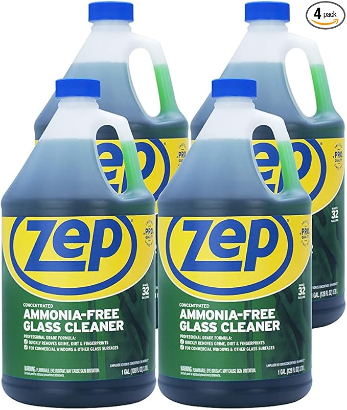 Zep Ammonia Free Glass Cleaner Concentrate - 1 Gallon (Case of 4) ZU1052128 - Professional Grade Formula Removes Dirt, Fingerprints, and Grime from Windows, Mirrors, Acrylic Surfaces, and Tinted Glass