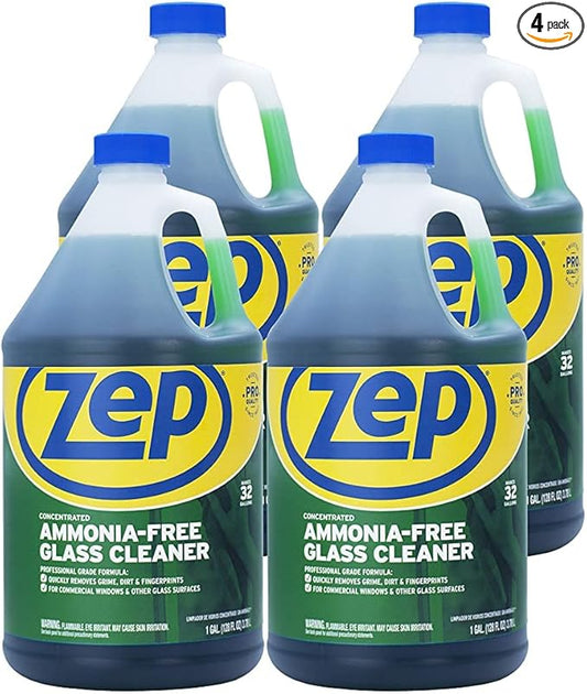 Zep Ammonia Free Glass Cleaner Concentrate - 1 Gallon (Case of 4) ZU1052128 - Professional Grade Formula Removes Dirt, Fingerprints, and Grime from Windows, Mirrors, Acrylic Surfaces, and Tinted Glass