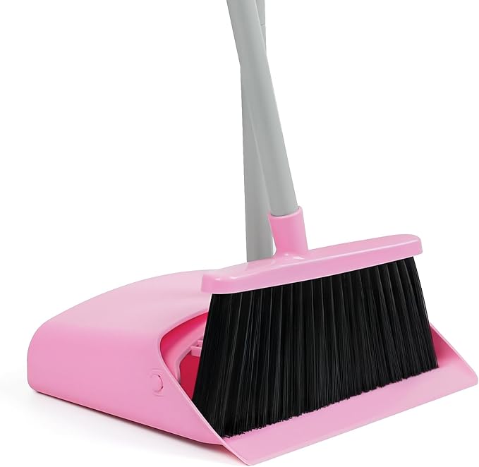 Pink Broom and Dustpan Set,58” Long Adjustable Handle Small Broom with Stand up Dustpan Combo Set with Dust Pan Teeth,for Indoor Home Office Floor Cleaning
