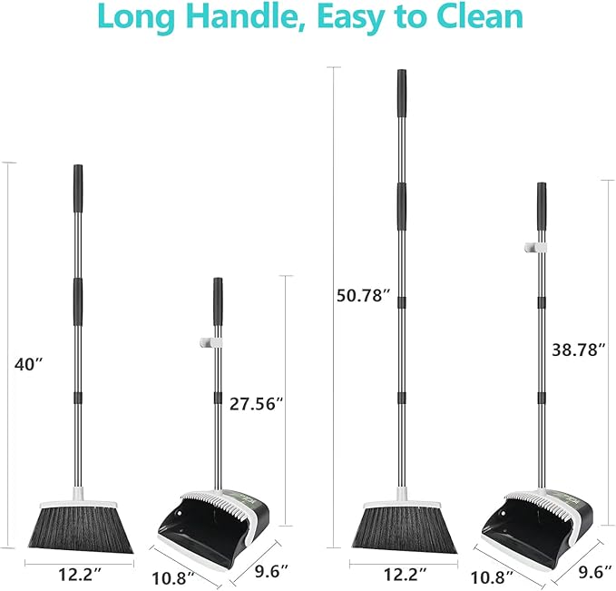 Aifacay Broom and Dustpan Set, Broom with Dustpan Sets, Long Handle Dust Pan, Standing Brooms Combo Set Heavy Duty for Home Kitchen Indoor Outdoor Lobby Office Collapsible Dust pan with Cleaning Teeth