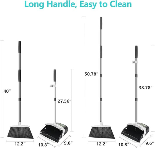 Aifacay Broom and Dustpan Set, Broom with Dustpan Sets, Long Handle Dust Pan, Standing Brooms Combo Set Heavy Duty for Home Kitchen Indoor Outdoor Lobby Office Collapsible Dust pan with Cleaning Teeth