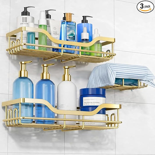OMAIRA 3-Pack Shower Caddy with Soap Holder, Adhesive Rustproof No-drill Strudy Loading Inside Shower Organizer Shelves Rack Storage Bathroom Organization for Smooth Wall Glass Tile, (Gold)