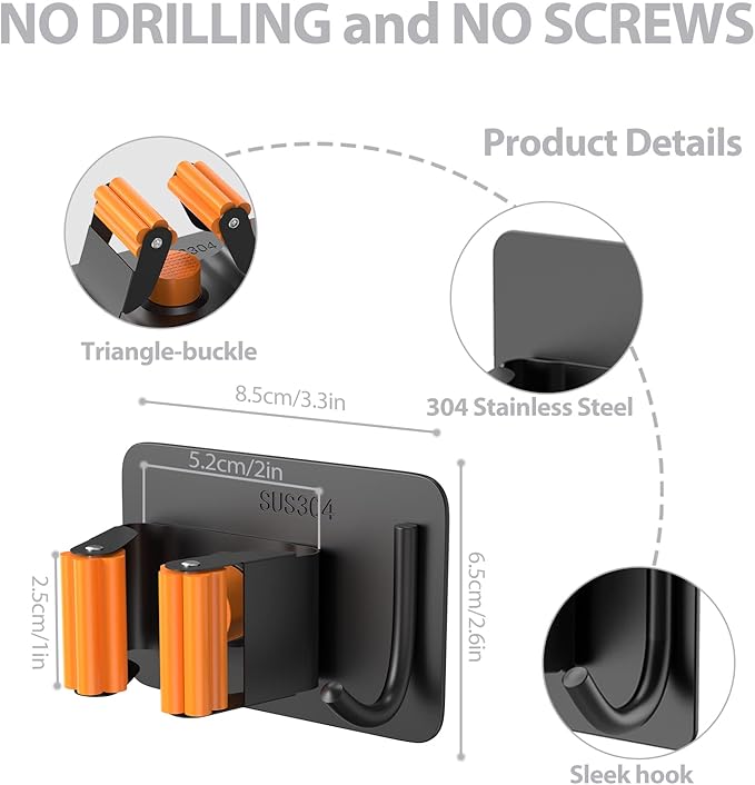 Mop Broom Holder No Drill, Mop Broom Organizer Wall Mounted Heavy Duty with Hooks Hanger, Self Adhesive Stainless Steel 4Pcs for Bathroom, Kitchen, Office (Orange)