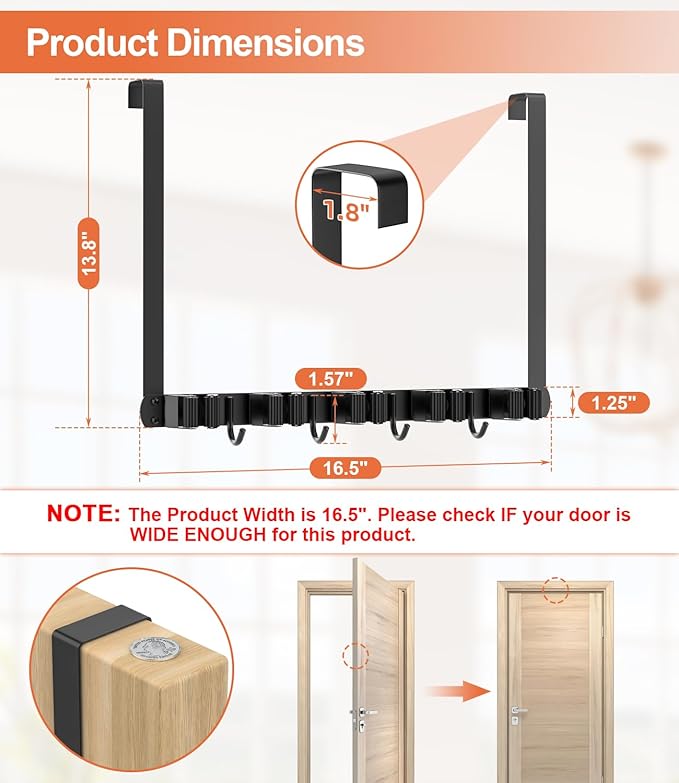 Broom Holder Over The Door Drilling Free Mop and Broom Holder with 4 Over Door Hook, Metal Mop and Broom Storage Wall Mount Broom Storage Tool Organizer for Laundry Room Garage Kitchen Bathroom