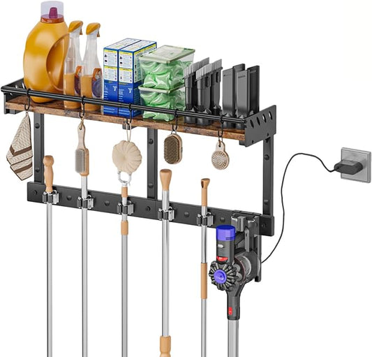 Broom Holder Wall Mount with Shelf, Broom Hanger with Vacuum Organizer and Hooks, Broom and Mop Organizer Wall Hanging for Laundry Room, Garage, Utility Closet, Kitchen（Large）