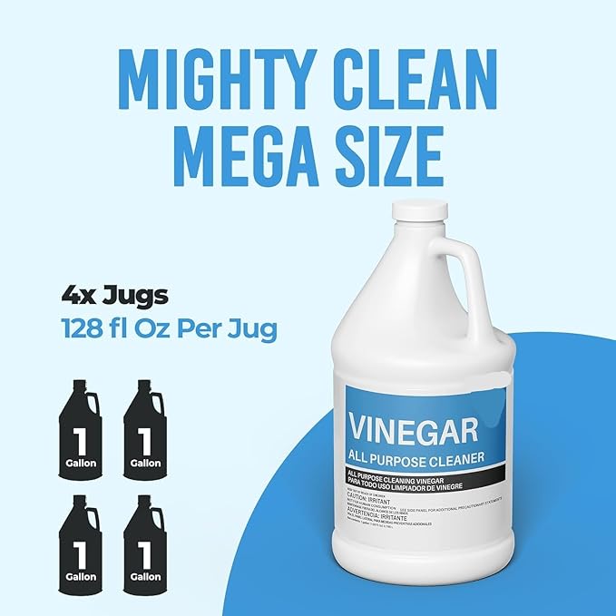 All Purpose Distilled White Cleaning Vinegar, 6% Acidity, 4 Gallon Multi-Surface Household Cleaner for Kitchen, Laundry, Floors, (1 Gallon Per Jug)
