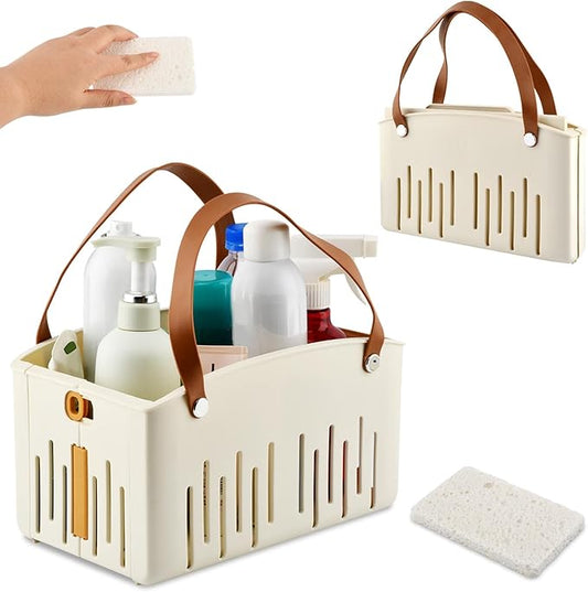 Portable Shower Caddy with Cleaning Sponge, Foldable Shower Storage Basket with Handle and Adjustable Divider, Quick Dry Bathroom Organizer Bin for Bathroom,Dorm,College,Camp,Travel(COLOR:Cream)