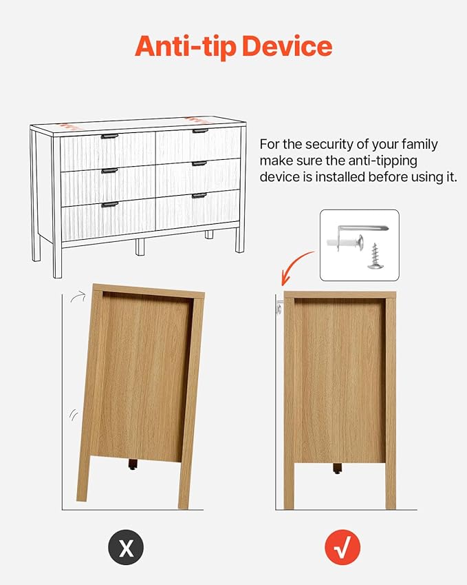 VEVOR Fluted Dresser with 6 Drawer, 47" Wide Chest of Drawers with Golden Metal Handle, Modern Closet Dresser TV Stand, Boho Wood Storage Organizer for Bedroom, Living Room, Hallway, Entryway, Natural