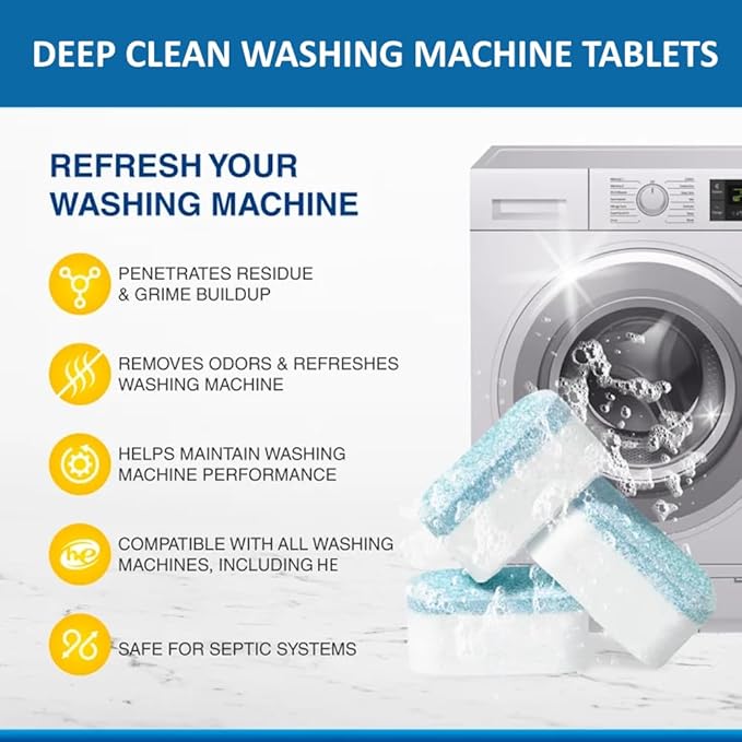 Washing Machine Cleaner Descaler | Deep Cleaning Tablets For HE Front & Top Load Washer, Septic Safe Eco-Friendly Deodorizer, Clean Inside Drum and Laundry Tub Seal (Citrus Scent - 12 Count)