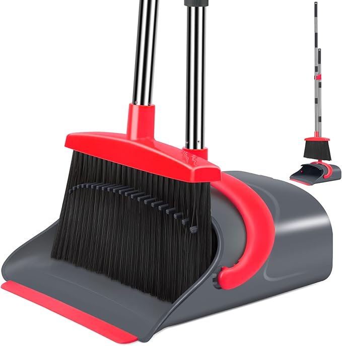 YZO Broom and Dustpan Set, 50.6-Inch Long Handle Standing Design, Dustpan Front Rubber Tight Seal, Broom with 5-Layer Bristles, Suitable for Living Room, Bedroom, Yard, Office and Apartment(Gray&Red)