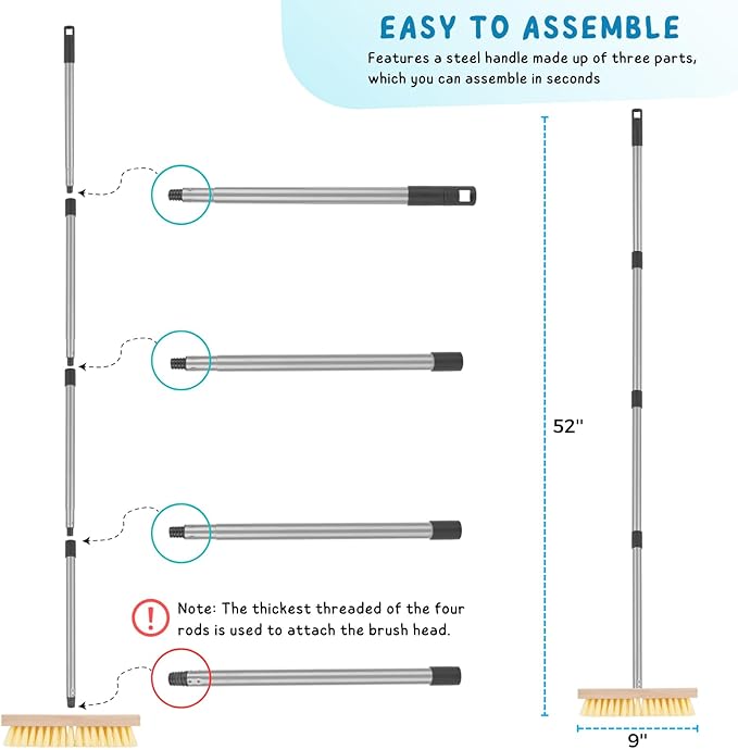 Floor Scrubber Brush with Long Handle for Deck Cleaning, 52'' Stiff Bristle Scrub Broom for Shower, Bathroom, Boat, Concrete, Carpet, Garage