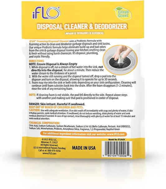 iFLO Foaming Garbage Disposal Cleaner Pods with iFLOBiotic – Powerful Garbage Disposal Foaming Action for Sink, Food Waste & Odor Removal – Disposal Cleaner Pods, 6 Pack
