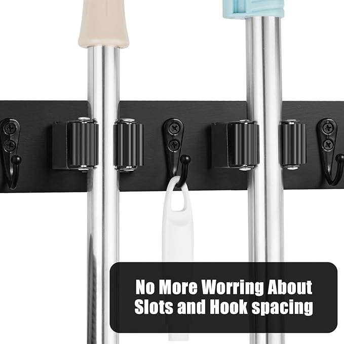 Mop Broom Holder Wall Mount, Black Stainless Steel Tool Storage Organizer with 5 Slots 6 Hooks for Home Kitchen Garden,Broom Storage Tool Organizer for Garage Closet Laundry