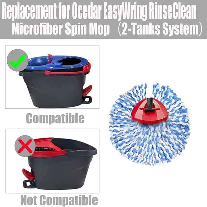 Spin Mop Replace Head, Base, Handle Compatible with O Cedar EasyWring RinseClean Microfiber Spin Mop, 4 Microfiber Mop Refills, 1 Triangle Mop Base and 58in Mop Handle (Blue (2-Tank System))