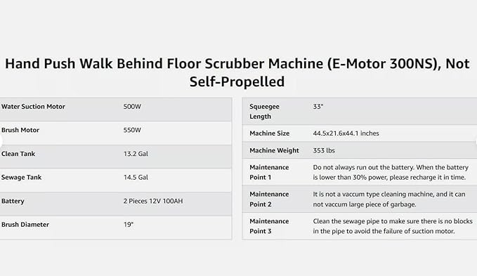 Walk Behind Floor Scrubber Machine *Non SELF-PROPELLED* Need to Push it Forward w/100AH Batteries 14.5 gal Tank, (Model: MX3NS-300NS)