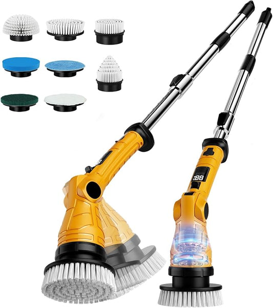 Electric Spin Scrubber with 8 Replaceable Brush Heads 6 Adjustable Angle Waterproof LED Display Cordless Cleaning Brush Supplies Bathroom Cleaner Set Long Handle Power Scrubber for Shower Floor Tub