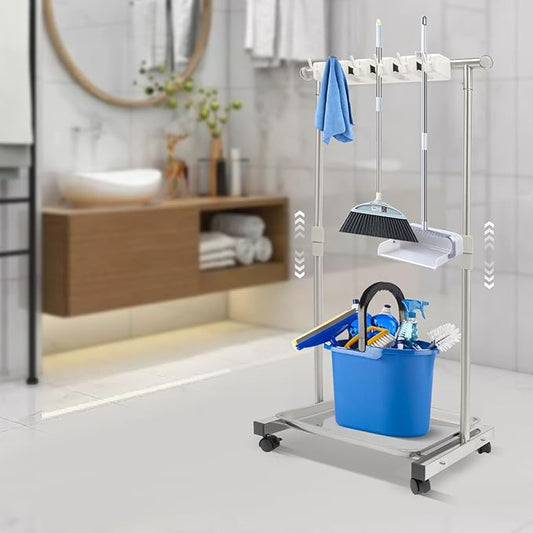 Broom Holder, Broom Rack Mop Rack Stand Cart, Stainless Steel Movable Floor Standing Cleaning Tool Rack, Cleaning Supplies Organizer for Schools, Hospitals, Factories, Hotels, Restaurant