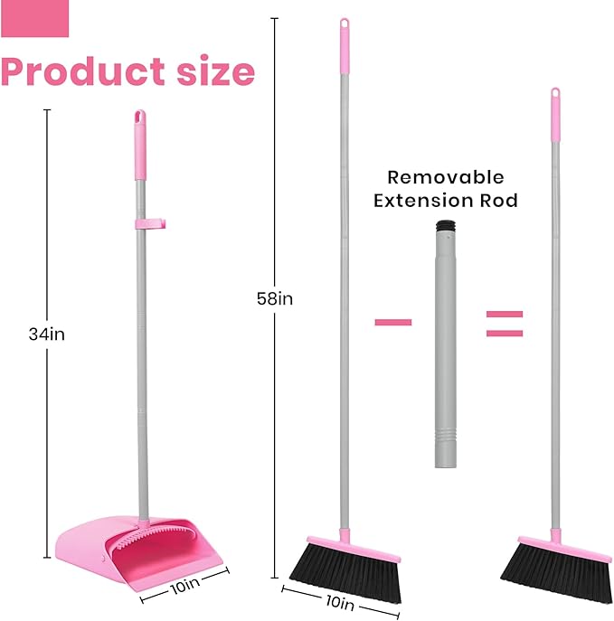 Pink Broom and Dustpan Set,58” Long Adjustable Handle Small Broom with Stand up Dustpan Combo Set with Dust Pan Teeth,for Indoor Home Office Floor Cleaning