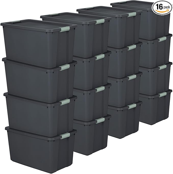 Sterilite 16 Pack 34 Gallon Latch Tote, Stackable Plastic Storage, Gray/Green