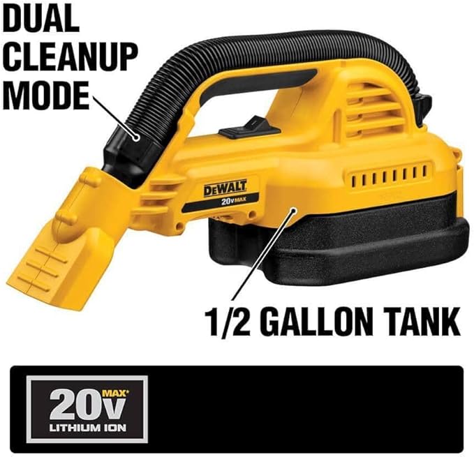 DEWALT 20V MAX Hand Vacuum, Cordless, for Wet or Dry Surfaces, 1/2-Gallon Tank, Washable Filter, Portable, Bare Tool Only (DCV517B)