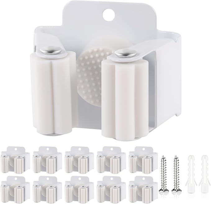 Verdenu 10 Pack Broom Holder Wall Mount, Mop and Broom Holder Wall Mount, Stainless Steel Command Mop Holder with Screws, Garden Tool Storage Organizer for Kitchen, Home, Bathroom, Garage, White