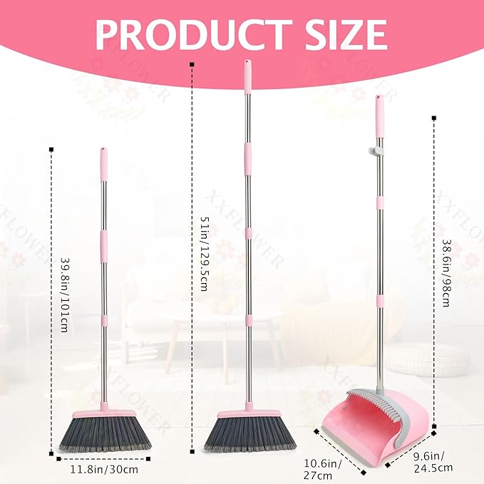 Broom and Dustpan Set, Dustpans with Broom Combo for Home, Heavy Dust Broom and Dustpan Combo, Long Handle Dust Pan and Broom Set for Kitchen, Office, Pet Hair(Gray Pink)