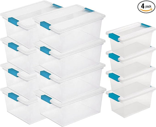 Sterilite Deep Clip Storage Box Container with Lid, Clear, 8 Pack and Medium Clip Box for Home, Craft Room, and Office Organization, 4 Pack
