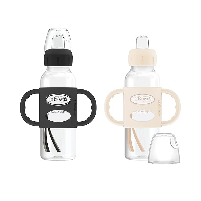 Dr. Brown's Milestones Sippy Spout Bottles, Wide-Neck & Narrow, 100% Silicone Handles, Easy-Grip, 9oz/270mL & 8oz/250mL, Black & Ecru, 2-Pack, 6m+