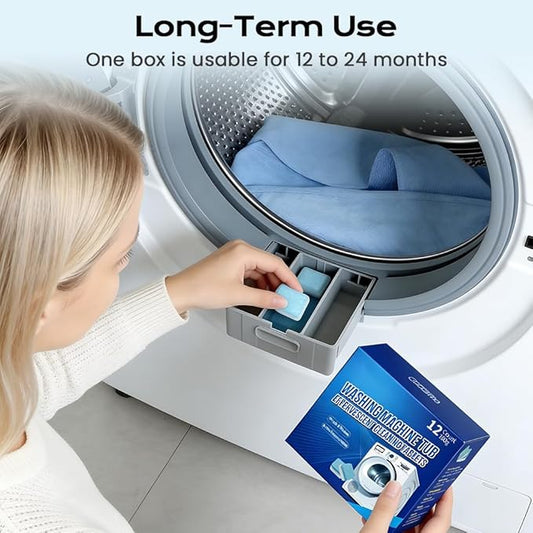 Washing Machine Cleaner Tablets 12Pack, 12-Month Supply Deep Washer Cleaner, for Front & Top Load, Works for HE Washers (12pcs)
