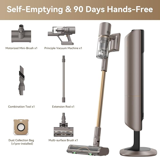 DREAME Z10-W Cordless Vacuum Cleaner with Self-Emptying Base (90 Days), Powerful Suction, Tangle-Free Brush for Pet Hair, 60min Runtime, HEPA Filtration, Cordless Stick Vacuum for Carpets & Hardfloor
