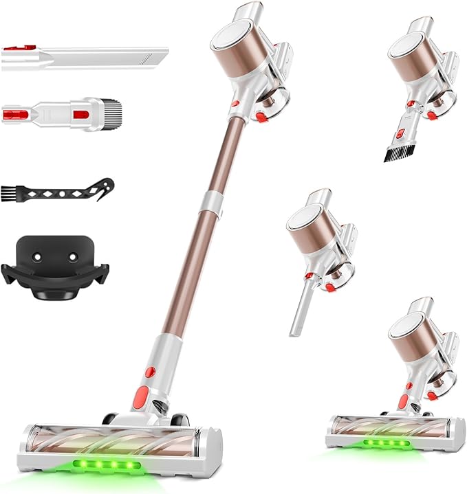 Cordless Vacuum Cleaner, 500W/40Kpa Vacuum Cleaners for Home, Stick Vacuum Cordless with LED Display, Anti-Tangle & Wall Mount, 8 in 1 Lightweight Vacuum for Hard Floors Pet Hair(Gold)