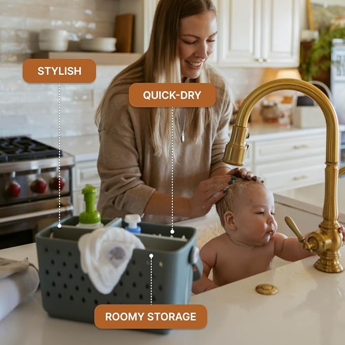 Parker Baby Bath Caddy | BPA Free & Food Grade Shower Caddy Organizer for Toys & Supplies | Quick-Dry, Sturdy & Perfect Size Shower Basket w/Handle in Neutral Colors