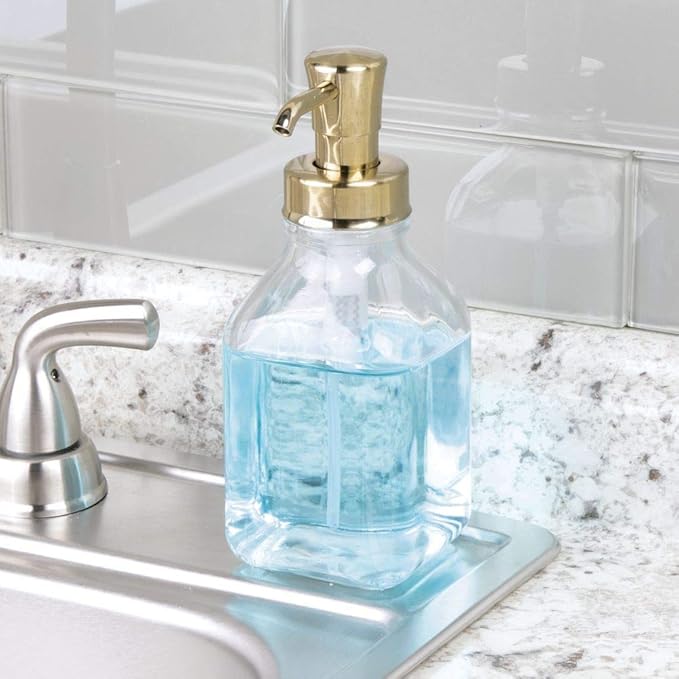 mDesign Square Glass Refillable Liquid Soap Dispenser Pump Bottle for Bathroom Vanity Countertop, Kitchen Sink - Holds Hand Soap, Dish Soap, Hand Sanitizer, Essential Oils - 2 Pack - Clear/Soft Brass