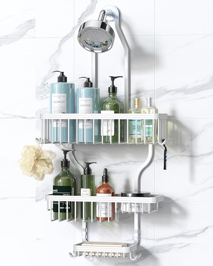 YASONIC Shower Caddy - Never Rust Aluminum Organizer - Over Shower Head with 10 Hooks & Soap Basket - White