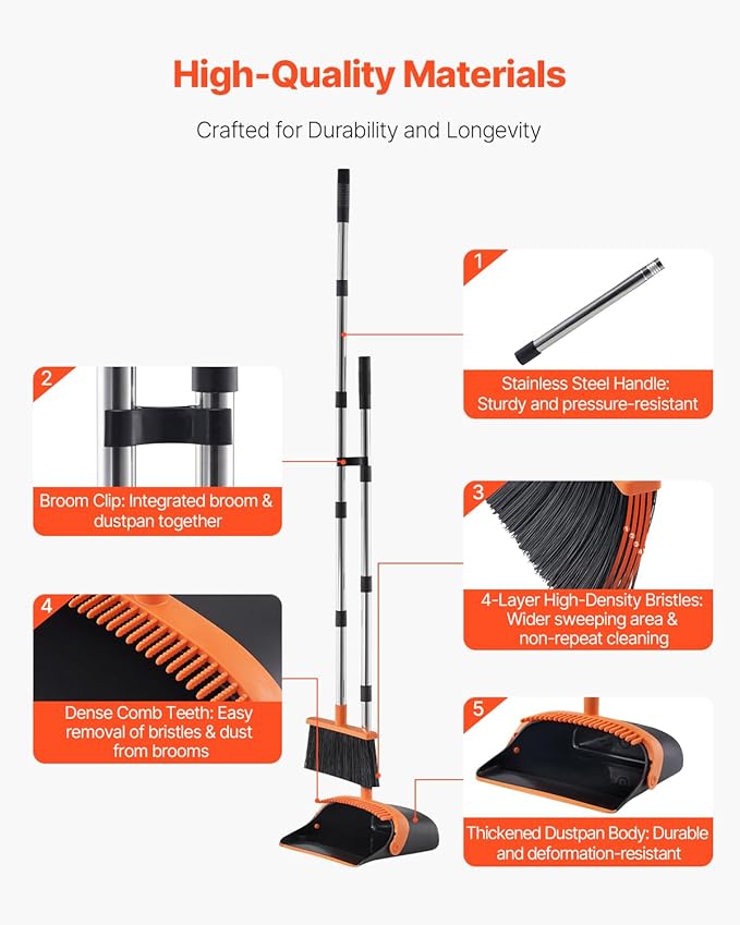VEVOR Broom and Dustpan Set, Heavy Duty Dustpan and Broom Combo with Self-Cleaning Teeth, Metal Upright Standing Dust Pan with Long Handle, Ideal for Home, Restaurant, Office, Dorm, Black+Orange
