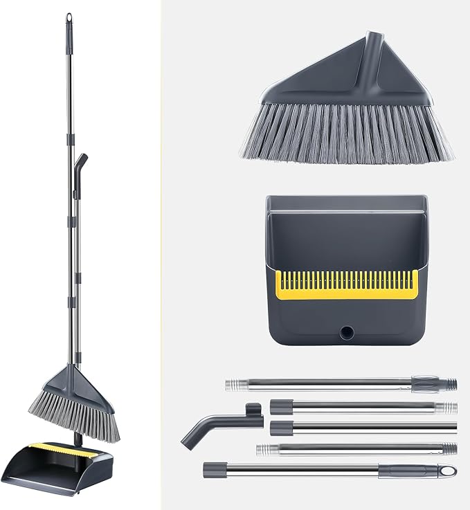 Broom and Dustpan Set for Home with 52 Inch Long Angled Handle - Stand Up Dustpan No Warping Metal Edge, Ergonomic Sweeping, 4 Layer Bristles and Hair Cleaning Teeth for Kitchen Office