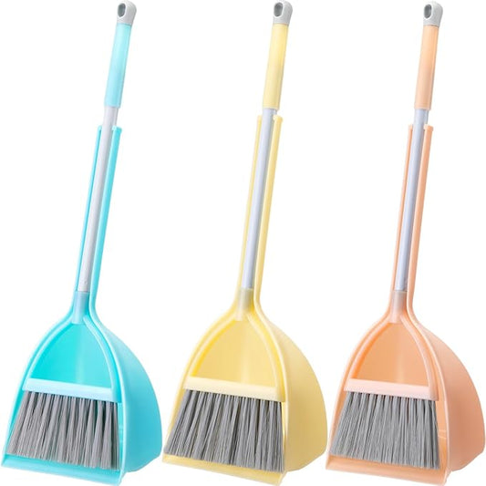 Roshtia 3 Pcs Mini Broom with Dustpan for Kids Broom and Dustpan Set Toddler Cleaning Set Boys Girls Small Cleaning for Kitchen Bathroom Pet (Yellow,Red,Green)