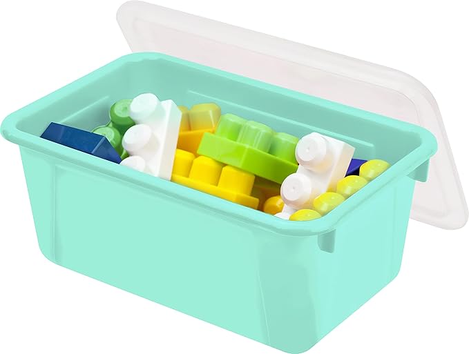 Storex Small Cubby Bins – Plastic Storage Containers for Classroom with Non-Snap Lid, 12.2 x 7.8 x 5.1 inches, Teal, (62412U05C) (Pack of 5)