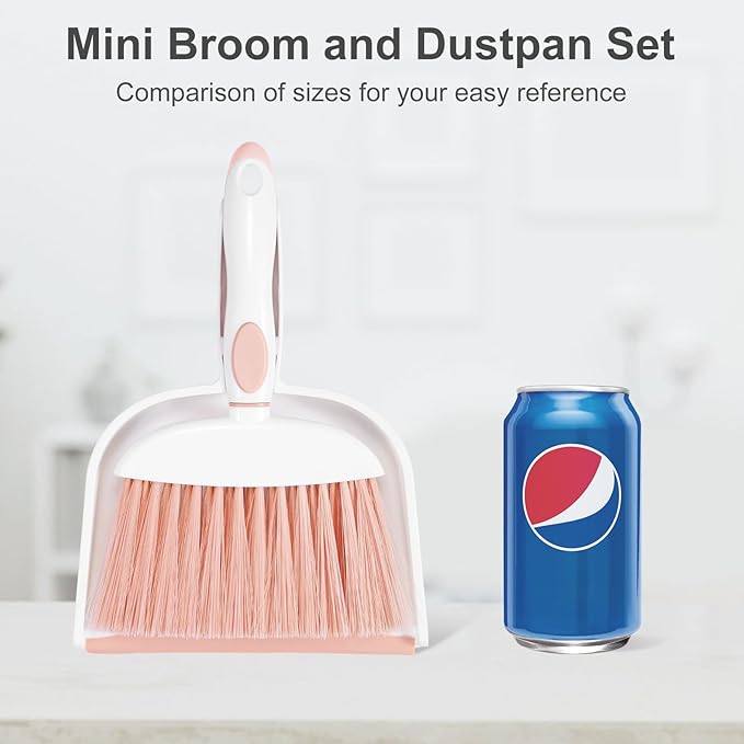 NACENA Small Dust Pan and Brush Set, Mini Broom and Dustpan Set Small Hand Broom and Brush Combo Dust Pan for Home Cleaning Drawers Desktop Sofas and Outdoor, Pink
