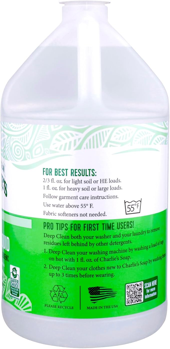 Charlie’s Soap – Fragrance-Free Laundry Liquid detergent – 160 Loads (128 oz, 1 Pack)
