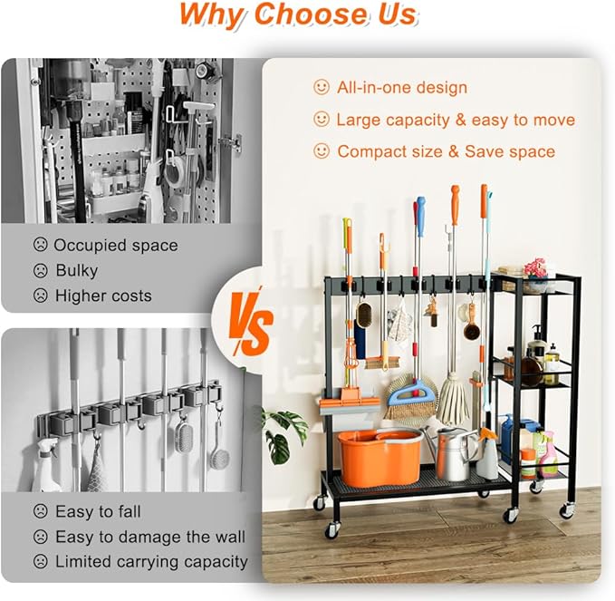 Broom and Mop Holder with Cleaning Supplies Organizer, Narrow Cleaning Cart with Cleaning Caddy, Large Capacity Cleaning Rack with Grippers Rack Hooks for Housekeeping Laundry Room Garage