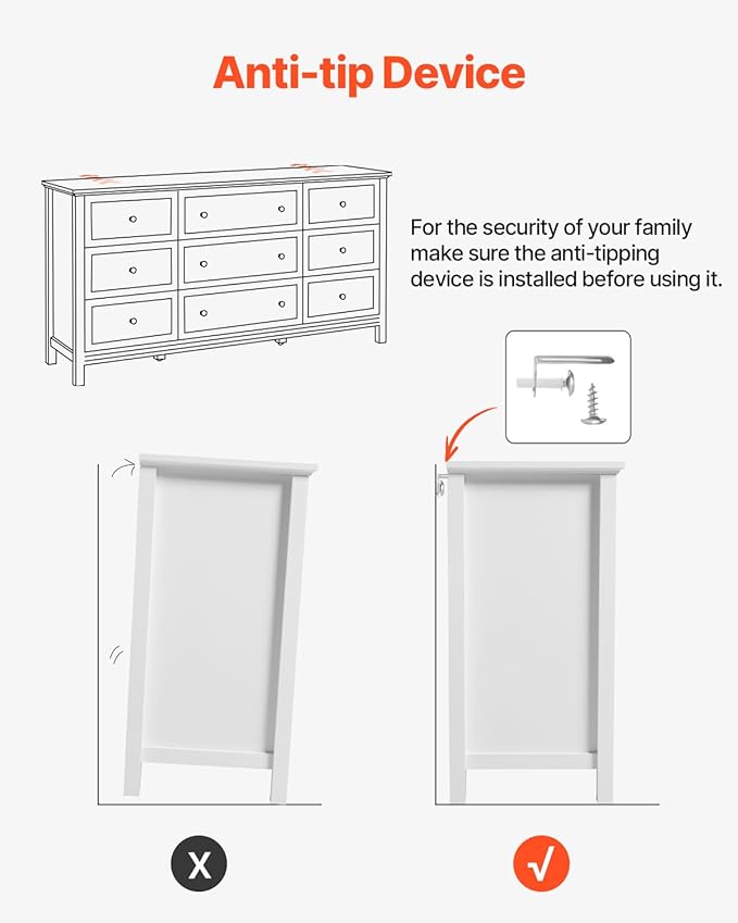 VEVOR 9 Drawer Dresser, Wooden Chest of Drawers with Sliding and Anti-tip Device, Retro Minimalist Dresser Chest, Closet Storage TV Stand Organizer for Living Room, Hallway, Bedroom, Entryway, White