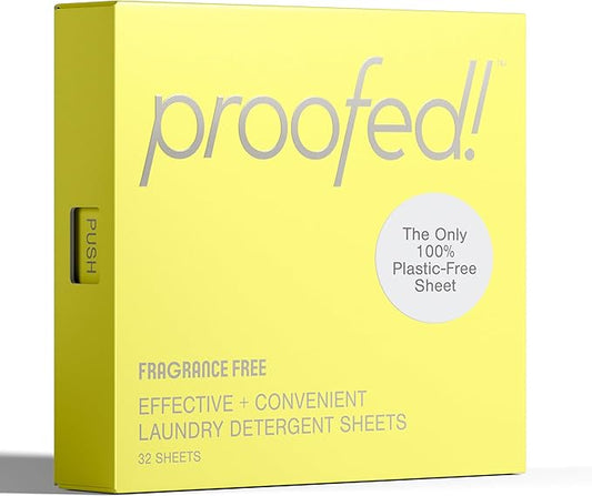 Proofed! Laundry Detergent Sheets, 32 Count, Fragrance-Free, The Only 100% Plastic-Free Sheet, No PVA or PVOH, Hypoallergenic, Bio-Based Ingredients, Made in USA, 1 Box
