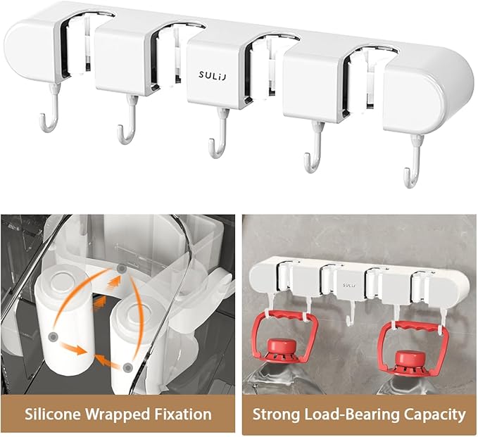 Mop Broom Holder Wall Mounted, 5 Racks and 4 Hooks Punch Free Mop and Broom Holder Wall Mount Broom Rack, Heavy Duty Hooks Self Adhesive Solid Non-slip for Home Kitchen Garden Laundry (2, White)