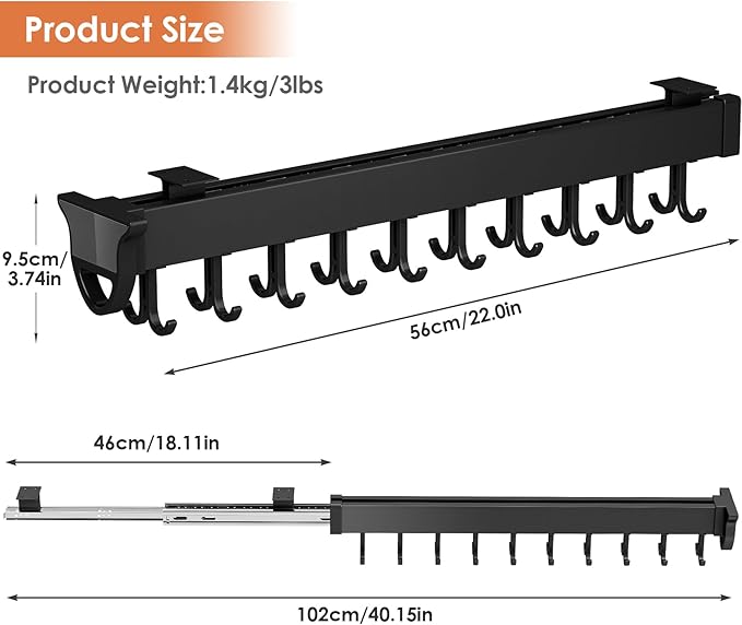 Pull-out Mop and Broom Holder with 20 Sliding Hooks, Slide Broom Closet Organizer Sliding Garage Storage Rack for Home Kitchen Wardrobe Closet Laundry Cupboard